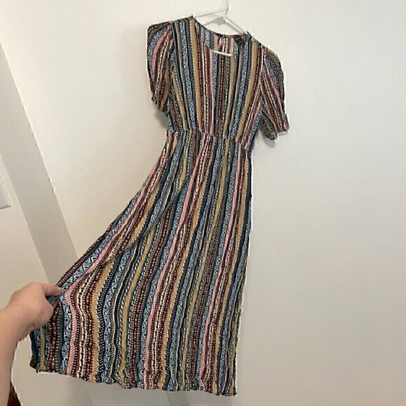 EMERY ROSE SHEIN Striped Puff Sleeve Dress White Black Multi Geometric Boho Midi - Picture 9 of 14